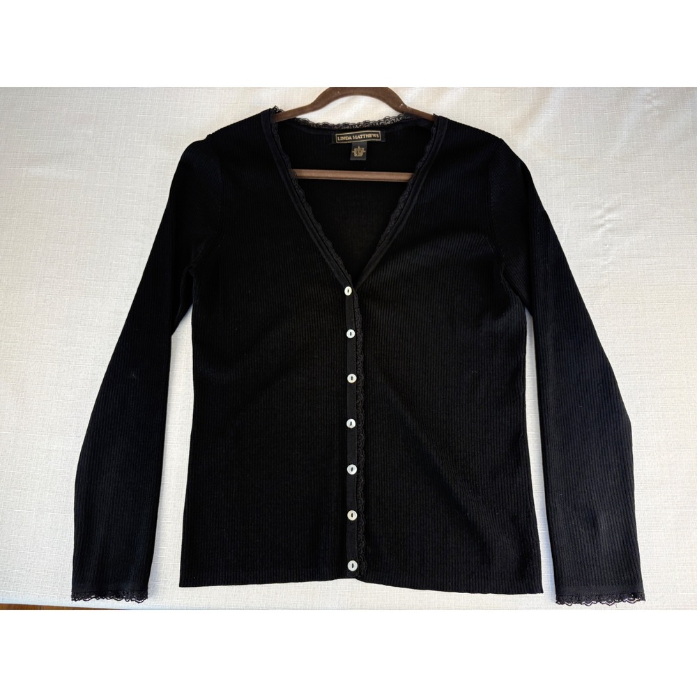 Linda Matthews Black Ribbed Knit Lace Trim V-Neck Cardigan Sweater Womens Large